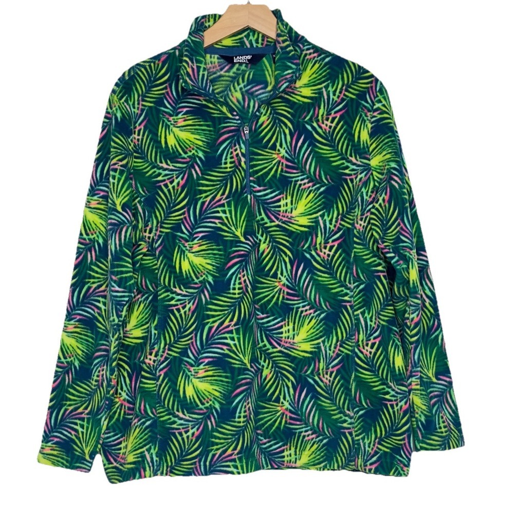 Lands End Fleece Pullover XL P Green Tropical Palm Leaf 1/4 Zip Mock Neck Top